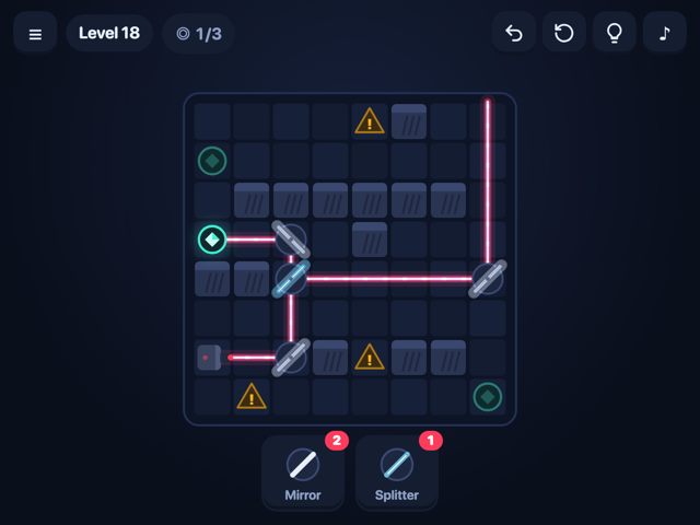 A red laser bouncing off mirrors and a glass splitter on a dark grid to light a cyan target, with alarms and walls around it