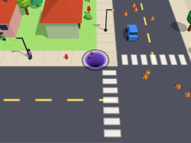 A purple hole on a low-poly city street, surrounded by houses, cars, and traffic cones