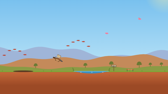 A platypus with glider wings swooping low over the outback past a billabong, a trampoline, galahs and a trail of yabbies