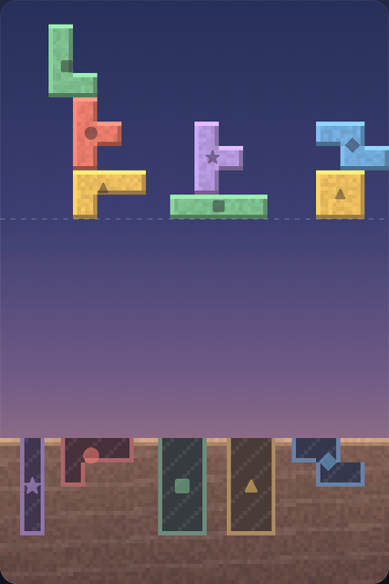 Colored sand blocks floating above matching pits in the ground