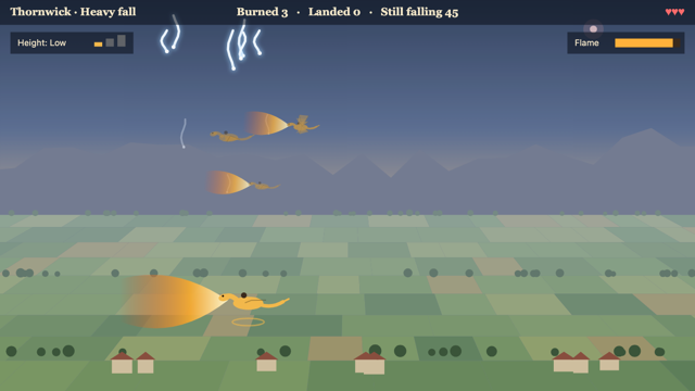 A gold dragon breathing fire at silver threads falling over farmland, with wingmates flying further back