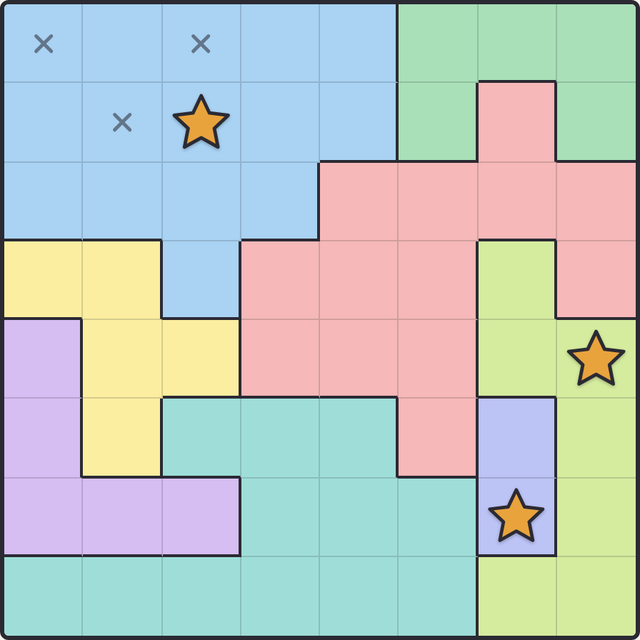A Star Battle grid of colored regions with a few stars placed